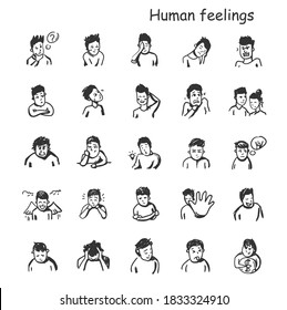 Human feelings line icons set. Outline sketches drawing. Human emotions and feelings concepts. Happiness, shame, anger, envy, worry, sorrow and more. Isolated vector illustrations