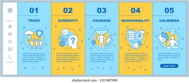 Human feelings onboarding mobile web pages vector template. Personal qualities. Responsive smartphone website interface idea with linear illustrations. Webpage walkthrough step screens. Color concept 