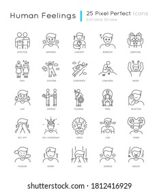 Human feelings pixel perfect linear icons set. Positive and negative emotions customizable thin line contour symbols. Different mental states. Isolated vector outline illustrations. Editable stroke