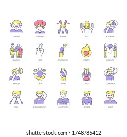 Human feelings RGB color icons set. Psychological treatment. Positive attitude. Negative behaviour. Mental health issue. Moral and social emotion. Suffering from pain. Isolated vector illustrations