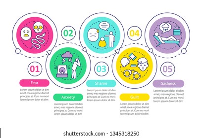 Human feelings vector infographic template. Emotions. Fear, anxiety, shame, guilt, sadness. Data visualization with five steps and options. Process timeline chart. Workflow layout with icons