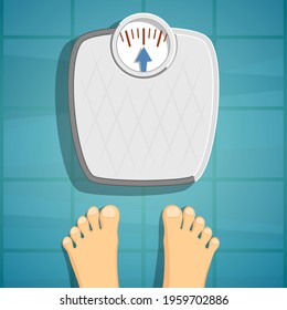 Human feet beside weighing scales. Diet, fitness and healthy lifestyle. Vector illustration