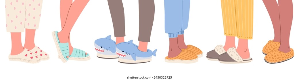 Human feet in cozy slippers. Warm home shoes. Fur, textile and suede footwear, pajama party, fluffy comfortable house flip flops, girls in funny soft boots cartoon flat isolated vector set