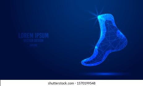 Human feet geometric lines, low poly style wireframe vector banner template. Isolated medicine science technology concept blue background polygonal 3d abstract.