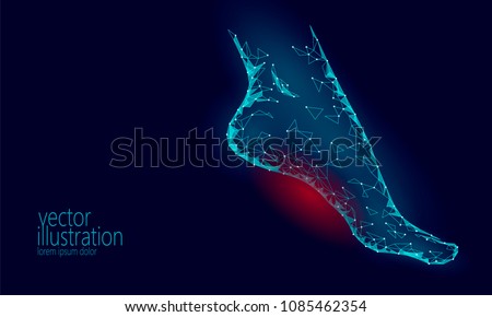 Human feet toe 3D low poly render. Polygonal blue medical healthcare painful area. Medicine poster triangle point line leg anatomical woman foot vector illustration