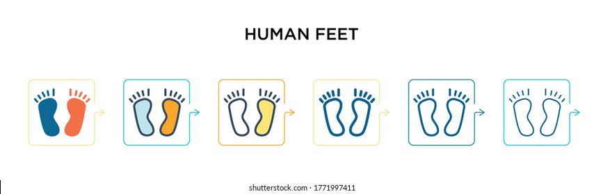 Human feet vector icon in 6 different modern styles. Black, two colored human feet icons designed in filled, outline, line and stroke style. Vector illustration can be used for web, mobile, ui