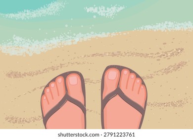 Human feet wearing  flip-flops on the sand at the water's edge.