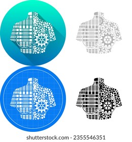 Human Female Breast Mammary System Organ Cybernetic Robotic Biomedical Engineering Circuit Board Icon Design, Set of Flat Long Shadow, Black-White Silhouette, Gear Dot Isolated on White Background