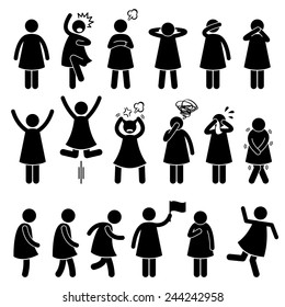 Human Female Girl Woman Action Poses Postures Stick Figure Pictogram Icons