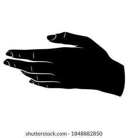 Human female hand in elegant pointing gesture. Black and white silhouette.