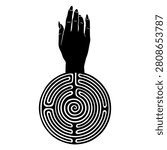 Human female hand emerging from a round spiral maze or labyrinth symbol. Ariadne. Creative concept. Black and whit silhouette.