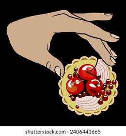 Human female hand holding a mini fruit tart with fresh berries. Cute food design. On black background.