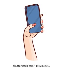 Human female hand holding smartphone.Flat vector line art.