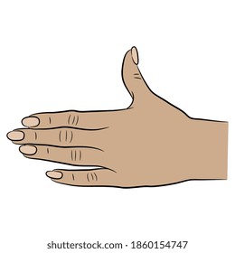 Human female hand with long nails. Greeting gesture. Thumb up. Top view. Cartoon style.