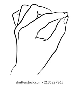 Human female hand in pinch gesture. Cartoon style. Black and white linear silhouette.