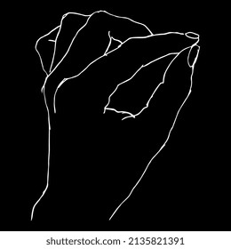Human female hand in pinch gesture. Hand drawn linear doodle rough sketch. White silhouette on black background.