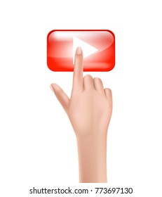 Human female hand press on red start, play button with the index finger, clicks her finger on the glowing touchscreen, realistic vector isolated on white background. Concept of beginning of something
