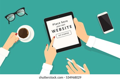 Human female hand showing something displayed on tablet pc white screen to her male colleague. Business illustration on green background with screen blank for placing screenshots and advertising