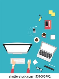 Human female hands typing on the computer keyboard using laptop with white screen. Business desktop illustration on vertical blue background with screen blank for placing website screenshots
