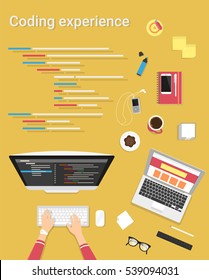 Human female hands typing on the computer keyboard and programming using laptop. Business desktop illustration on vertical yellow background with smartphone, stationery and office elements