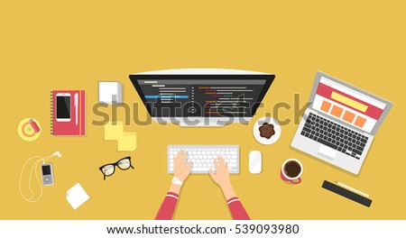 Human female hands typing on the computer keyboard and programming using laptop. Business desktop illustration on yellow background with smartphone, stationery and office elements