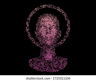 Human female head with halo or aureola made of particles. Concept of Church of Artificial Intelligence, Futuristic religion, Cyber Goddes.