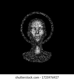 Human female head with halo or aureola made of particles. Concept of Church of Artificial Intelligence, Futuristic religion, Cyber Goddes.