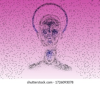 Human female head with halo or aureola made of particles. Concept of Church of Artificial Intelligence, Futuristic  religion and transhumanism.