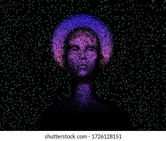 Human female head with halo or aureola made of particles, starry sky on the background. Concept of Church of Artificial Intelligence, Futuristic religion and transhumanism.