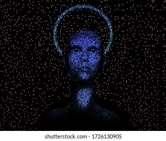 Human female head with halo or aureola made of particles, starry sky on the background. Concept of Church of Artificial Intelligence, Futuristic religion and transhumanism.