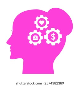 Human female head side silhouette icon pink colour thinking of job, love, and money. Young woman silhouette critical thinking about future life. Clip art side head