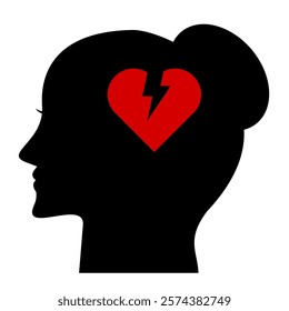 Human female head side silhouette icon black colour broken heart. Young woman silhouette critical thinking about romance strugle. Clip art side head