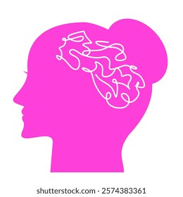 Human female head side silhouette icon pink colour stress. Young woman silhouette critical thinking about future life. Clip art side head