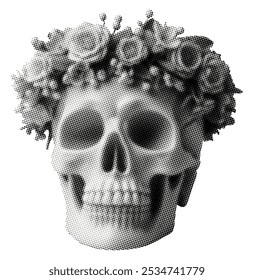 human female skull in floral crown wreath isolated on white background retro grunge halftone dotted effect vintage cut-out collage element for mixed media design magazine newspaper pop art style