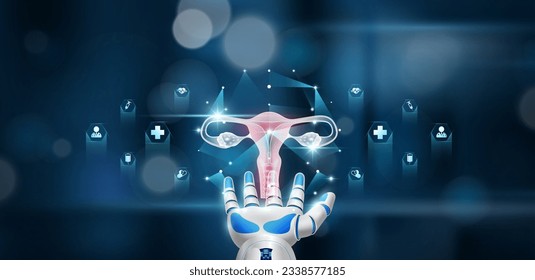 Human female uterus organ inside cube float in doctor robot hand. Health care system innovative technology medical futuristic AI artificial intelligence cybernetic robotics. Vector.