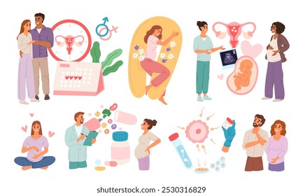 Human fertilization. Conception and pregnancy preparation. Parents couple at appointment with doctors. Gynecological consultation. Ovulation period. Pregnant woman