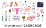 Human fertilization. Conception and preparation for pregnancy cartoon elements. Gynecology theme. Female reproductive health concept. Medical vector illustration