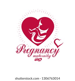 Human fetus hand-drawn vector emblem isolated on white. New life conceptual symbol. Pregnancy support and mother care abstract icon