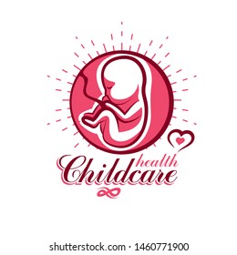 Human fetus hand-drawn vector emblem isolated on white. New life conceptual symbol. Medical center for pregnancy assistance conceptual symbol