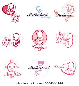 Human fetus hand-drawn vector emblems collection isolated on white. New life conceptual symbols. Neonatal care center conceptual symbols