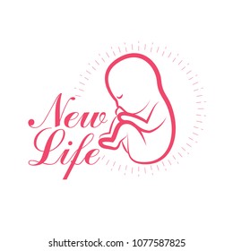 Human fetus hand-drawn vector illustration isolated on white. New life conceptual symbol. Medical center for pregnancy assistance marketing flyer template