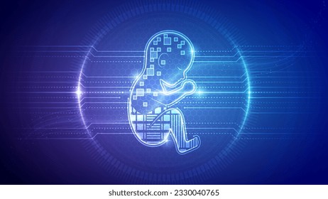 Human Fetus Infant Embryo, Reproductive System, Cybernetic Futuristic Robotic Circuit Board Translucent Neon Glow Medical Hologram Backdrop Background Illustration