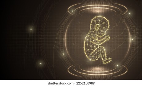 Human Fetus Infant Embryonic Reproductive System Medical Futuristic Medical Hologram Neon Glow Low Polygonal Triangulated Line Dot Connection Geometric Grid Brown Background Infographic Template