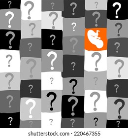 Human fetus inside the womb. Abstract background with question signs. Vector Illustration