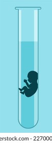 A human fetus is seen inside a test tube in a vector image.