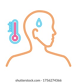 humano con fiebre, icono de estilo de línea, cabeza de hombre con diseño de ilustración de vector termómetro