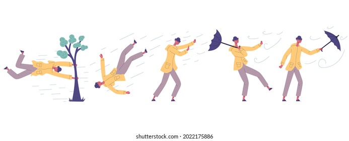 Human fight against hurricane wind power disaster. Man hit in extreme natural disaster strong wind, hurricane, shower rain vector illustration set. Male character hit storm. Holding umbrella, tree