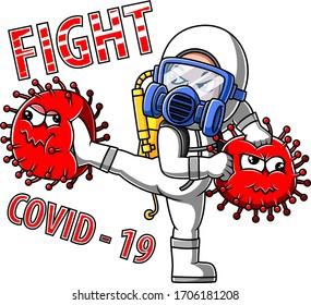 A human fighting corona virus with a disinfecting firing device of illustration