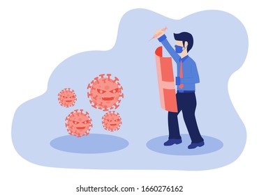 Human Is Fighting With Covid-19 Or Corona Virus Illustration Vector Concept. People Kill Corona Virus By Syringe Concept And Blue Background.