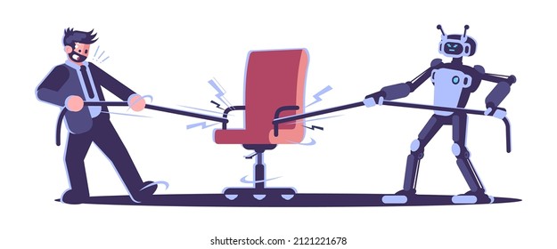 Pelea humana con robot para la posición de trabajo, ilustración de vector de color RGB semiplana. Personajes de dibujos animados aislados por hombres y máquinas sobre fondo blanco